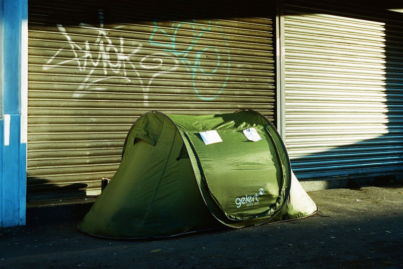 Photograph of a tent on the street
